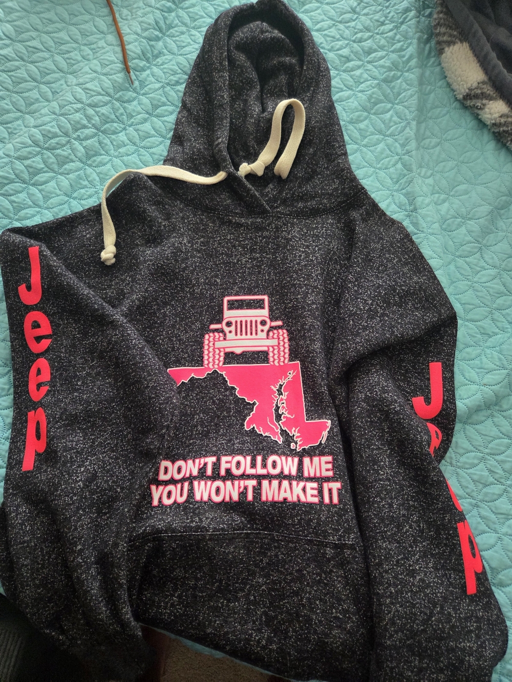 Jeep Women's Black Speckled Crewneck Hoodie with Pink Graphic
